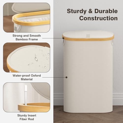 Slim Laundry Hamper with Lid, 60L Small Laundry Basket with Handles&Removable Bag, Thin Dirty Clothes Hampers for Laundry, Narrow Laundry Hampers for Bedroom Aesthetic, Beige 6