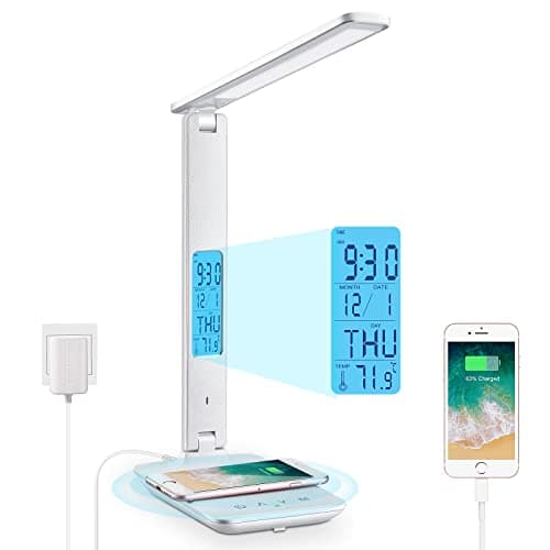 LAOPAO Desk Lamp with Wireless Charger: USB Charging Port, Table Lamp with Clock, Desk Lamps for Home Office College Dorm Room Essentials