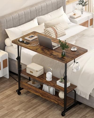 Armocity Rolling Standing Desk with Power Outlets, 32" Manual Height Adjustable Mobile Computer Desk with Wheels, Small Portable Sit Stand Laptop Couch Table for Bed & Sofa Home Office, Rustic Brown 7