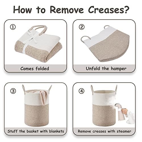 VIPOSCO Large Laundry Hamper, Tall Woven Rope Storage Basket for Blanket, Toys, Dirty Clothes in Living Room, Bathroom, Bedroom - 58L White & Brown 6