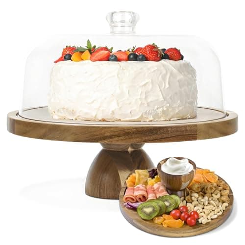 JOCHER Acacia Wood Cake Stand with Lid, 2-In-1 Cake Plate with Acrylic Lid, 12in Round Dessert Table Display Set, Raise Dome for Charcuterie Board, Cheese, Chips & Dips, Nachos, Fruit Platter (12in)