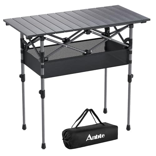 Anbte 3ft Aluminum Roll Top Camping Table, 2 Adjustable Height Camping Table Folding with Storage Net & Bag Lightweight Roll Up Table for Indoor Outdoor Backyard BBQ Patio Picnic, 32.2” X 16”, Black