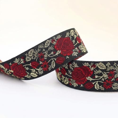 IDONGCAI 10 Yards Black Red Rose Jacquard Ribbon Trim, Vintage Floral Woven Ribbon with Gold Thread, Decorative Fabric Trim for Sewing, Wedding Decor, Gothic Crafts, Gift Wrapping & DIY Projects