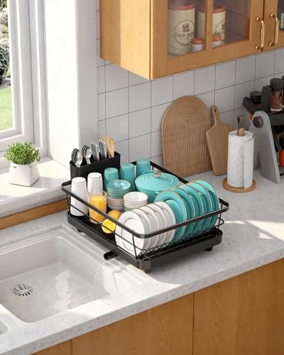 Sakugi Stainless Steel Dish Drying Rack for Kitchen Counter, Sink Organization and Storage Essentials with Silverware & Utensil Holder, Home and Apartment Decor, 12''W x 15.5''L, Black 8