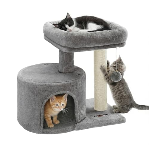 Feandrea Cat Tree, Small Cat Tower with Sisal Scratching Post, Plush Condo with Padded Perch, for Small Spaces, Kittens, Light Gray UPCT50W