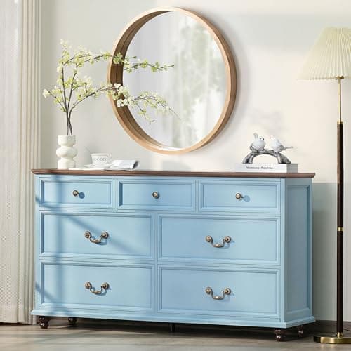 Joaxswe Farmhouse 54" 7 Drawers Dresser for Bedroom, Wide Wood Chest of Drawers w/ 4 Wooden Legs, Vintage Large Storage Dressers Organizer for Hallway, Rustic TV Stand for Living Room, Light Blue