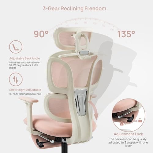 CabeVibe CabLady S1 Office Chair, High-Back Office Desk Chair with Breathable Mesh, 2D Adjustable Headrest, Comfortable Lumbar Support, 3-Level Tilt Function, Gaming Chair for Office & Home (Pink) 8
