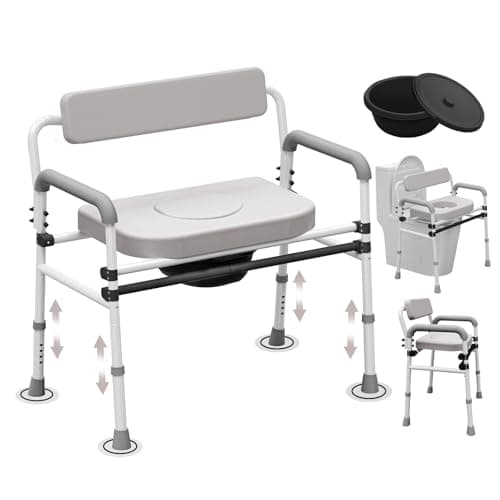 Adjustable Medical Bedside Commode Chair with Padded Backrest, Drop Arm Support