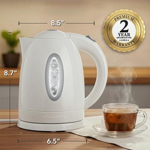 OVENTE Electric Kettle, 1.7L Fast Boiling Water Heater for Coffee or Tea, BPA Free with Water Level Gauge, Auto Shut-Off, Boil-Dry Protection, Indicator Light and Removable Filter, White KP72W 9