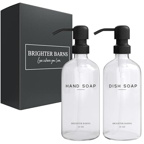 Clear Glass Hand and Dish Soap Dispenser Set by Brighter Barns - Kitchen Soap Dispenser Set & Pump - Glass Bottles for Kitchen Sink - Neutral Home Decor, Modern Farmhouse Bathroom Accessories (Clear) 8