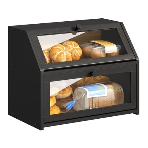 BMOSU Farmhouse Bread Box for Kitchen Countertop Bread box Double Layer Bamboo Wooden Extra Large Capacity Bin Kitchen Food Storage Container(Black)