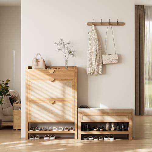 astimey 32” Shoe Bench with Storage Drawer, Farmhouse Entryway Bench with Linen Seat Cushion, Wooden Shoe Rack with Shelf for Entryway Hallway Living Room Bedroom, Oak 7