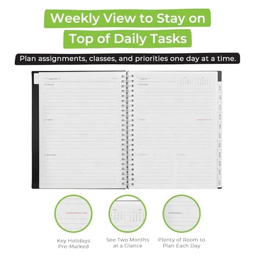 WallDeca Academic Planner 2025-2026, Daily, Weekly & Monthly Planner, July 2025 - June 2026, Student Notes Pages, Twin-Wire Binding Day and Weekly Agenda for School & Work (8 x 6-Inches, Black) 5