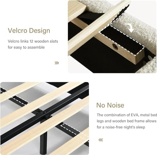 Queen Size Bed Frame, Boucle Upholstered Platform Bed Frame with Headboard, Soft Rounded Corners, Noise Free, Easy Assembly, Off White Boucle 8