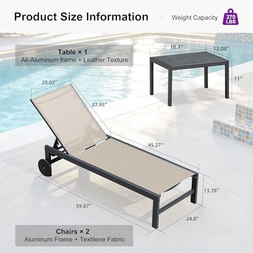 PURPLE LEAF Outdoor Chaise Lounge with Wheels for Outside 2 Pieces Aluminum Patio Lounge Chair with 5 Adjustable Position Recliner for Patio, Beach, Yard, Pool, Side Table Included, Beige 9