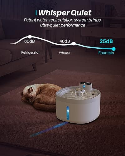 Pet Fountain 88oz/2.6L, Automatic Cat Water Smart Fountain Pet Water Dispenser with Replacement Filters for Cats Dogs and Multiple Pets - Water Level Window (White, Stainless Steel, Wireless) 7