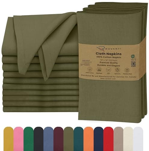 Ruvanti Cloth Napkins Set of 12, 18x18 Inches, 100% Cotton, Washable, Soft & Absorbent, Perfect for Wedding, Christmas, ‎Thanksgiving Dinners - Capulet Olive