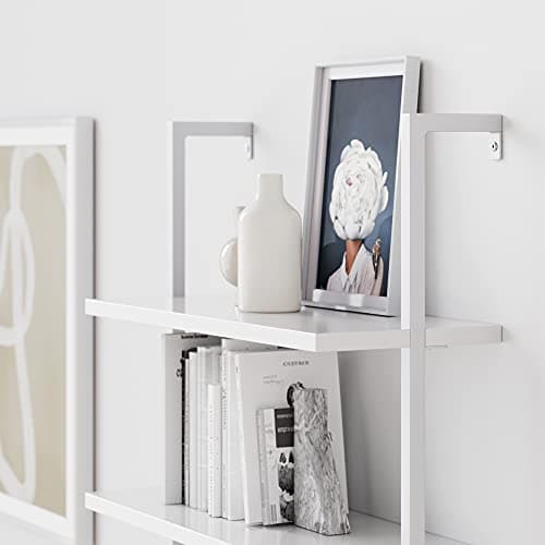Nathan James Theo 6-Shelf Tall Modern Bookshelf, Wall Mount Ladder Shelf Bookcase with Wood and Industrial Metal Frame, Matte White 6