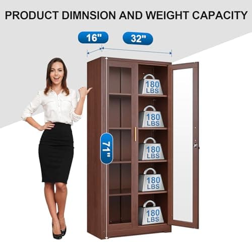 Polup Glass Display Cabinet, Display Case with Glass Doors and Shelves, Metal Curio Cabinets with Locking, 71" Tall Bookcase with Glass Doors for Home, School, Clinic (Wood Color)- Assemble Required 8