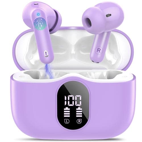 Wireless Earbuds, Bluetooth 5.4 Headphones Bass Stereo, Ear Buds with Noise Cancelling Mic, IP7 Waterproof in Ear Earphones, 36H LED Display Bluetooth Earbuds for Laptop Pad Phones, Pale Violet