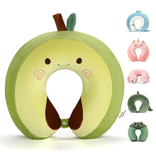 Niuniu Daddy Neck Pillow for Kids Teen Toddlers, Travel Accessories for Airplane, Car, Recline, Neck Chin Head Support, 100% Pure Memory Foam Insert, Cute Plush Travel Pillow Cover Washable - Avocado