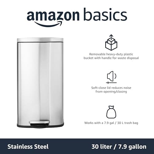 Amazon Basics Smudge Resistant Rectangular Trash Can with Soft-Close Lid, Foot Pedal, Removable Inner Bucket, 30 Liter/7.9 Gallon, Brushed Stainless Steel, Satin Nickel Finish, 13.8"L x 11.8"W x 25"H 5