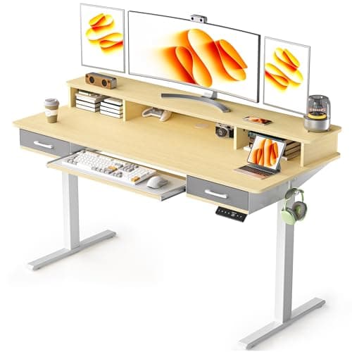 WALKINGDESK 55 Inches Electric Standing Desk with Keyboard Tray, Height Adjustable Sit to Stand Table with 2 Drawers, Ergonomic Home Office Desk with Storage Shelf, Computer Table, Oak