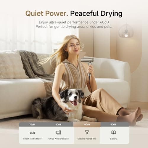 Dreame Pocket Pro Hair Dryer, Dual Voltage Travel Blow Dryer with Diffuser, 1300W Professional HighSpeed Ionic Hair Blower, Fast Drying, Low Noise, Lightweight, No Heat Damage, Global Travel 120V/240V 9