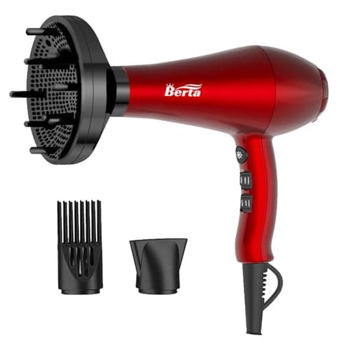 Berta 1875W Powerful Tourmaline Ceramic Ionic Hair Dryer 2 Speeds & 3 Heating Settings, Salon Professional Blow Dryer with Diffuser/Concentrator/Comb