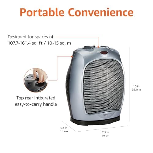 Amazon Basics Oscillating Ceramic Portable Indoor Space Heater, Fast Heating Technology, Overheat and Tip-Over Protection, Adjustable Thermostat, 1500W, 7.52"D x 6.34"W x 9.45"H, Silver 3