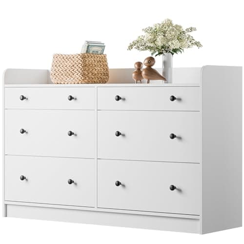 Cozy Castle Baby Dresser with 6 Drawers and Large Table Top, Multi-Functional Chest of Drawer, Drawer Dresser with Three-Sided High Rails for Nursery, Children's Room, Bedroom, White 9