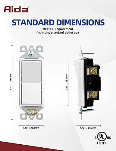 AIDA 20 Pack Light Switch Single Pole Light Switch Square Rocker Switch Decorative Switches White, 15 Amp Self-grounding Electrical Light Switches, Residential Grade, UL Listed Glossy White 5