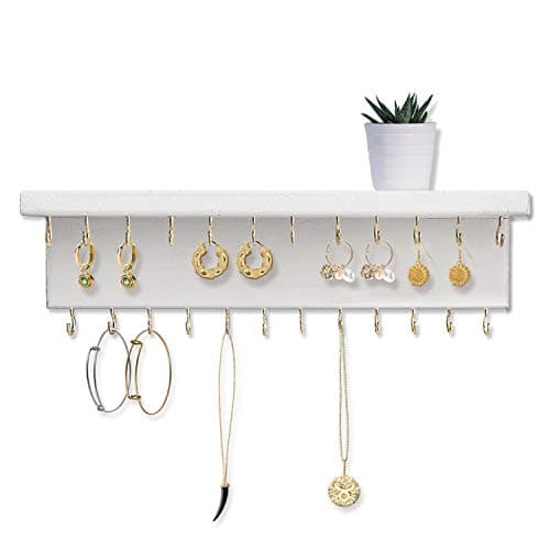 SANY DAYO HOME Jewelry Organizer with 30 Hooks and Cosmetics Shelf, 15 x 3 x 4 inches Wall Mounted Rustic Pine Wood Holder for Necklaces and Bracelets, Suitable for Kids and Adults (Retro White) 6