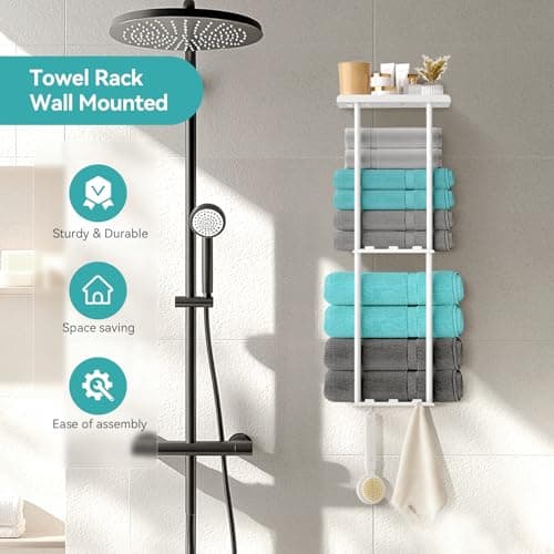 KISENG Towel Racks for Bathroom, 3 Tier Metal Towel Holder, with Shelf & 6 Hooks, 29 inch Wall Mounted Towel Storage, 6 Large Bath Towels Capacity,Small Bathroom Towel Rack for Rolled Towels, White 5