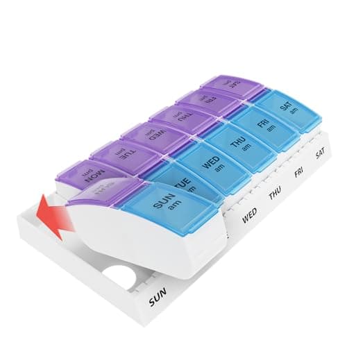 EZY DOSE Weekly AM/PM Pill Organizer, 7-Day Vitamin Container and Daily Medication Box with Large Pop-Out Compartments, 2 Times a Day Pill Holder, Blue and Purple Lids, Travel-Friendly Design 8