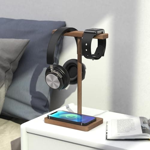 ForTidy Headphone Stand Wood for Desk with Wireless Charger Gaming Headset Stand Holds Dual Universal VR Headset and Smart Watch,Support 15W Fast Charging, Type-C Cord Included (Brown Walnut) 6