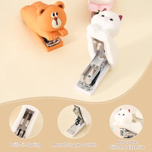 Honagu Mini Cute Animal Stapler with Staples, Cartoon Stereoscopic Silicone (PVC) Stapler, Labor-Saving Office Supplies for Teachers, Students, the First Day of School Gift for Girls,Boys(White Puppy) 6