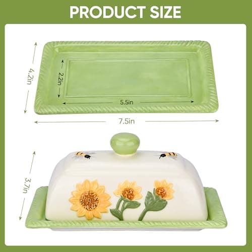 Fungi Fun Ceramic Butter Dish with Lid for Countertop – Decorative Sunflower and Mushroom Design, Unique Sunflower Kitchen Accessories, Cute Butter Dish with Cover for Countertop, Holds 2 Sticks 5