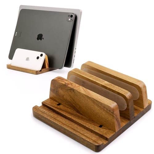 ROCDEER Acacia Wood Vertical Laptop Stand - Adjustable Dual Slots (0.76" to 1.6") - Heavy Duty Desk Organizer for Laptops, Tablets, and Phones - Quick Assembly with Non-Slip Silicone Mats