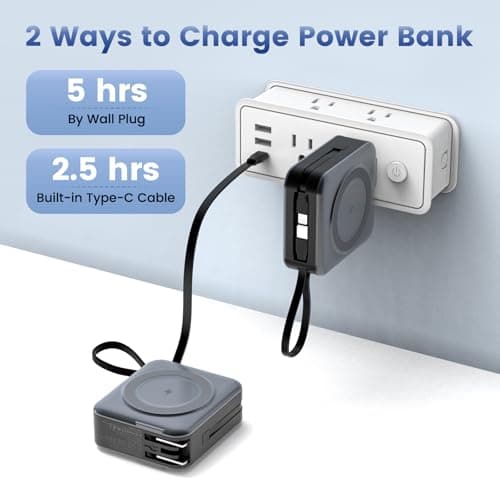 for Magsafe Portable Charger with AC Wall Plug, 6-in-1 Magnetic Wireless Power Bank 10000mAh Built-in Cables, 22.5W Type-C in&Out Fast Charging Battery Pack for iPhone 17/16/15/14/13/12 Series, Gray 5