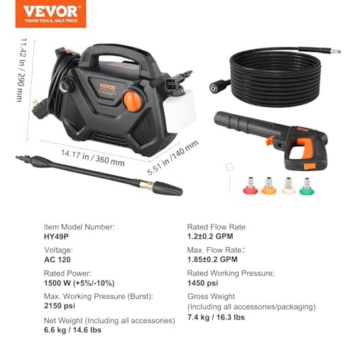 VEVOR Electric Pressure Washer, 2150-PSI 1.85-GPM, Foam Cannon High-Pressure with 5 Different Nozzle, 20ft Hose/35ft Cord Lightweight Washer, Portable Cleans Cars/Fences/Patios/Furniture/Floor/Window 7