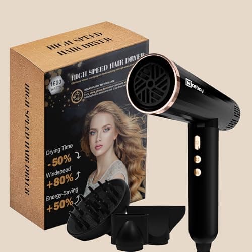 Nicebay Ionic Hair Dryer with Diffuser, Professional Blow Dryer with 3 Attachments, 150000RPM High-Speed Brushless Motor for Fast Drying, Lightweight, Low Noise, 2000W 8