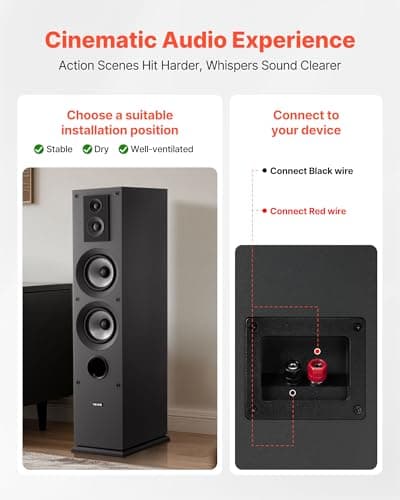 VEVOR Passive Floorstanding Speakers Pair, 3-Way, Floor-Standing Tower Speakers with 0.75 in & 1 in Tweeter, 5.25 in Woofers, 145W Peak, 70Hz–20kHz Frequency Response, MDF Enclosure, for Home Audio 6