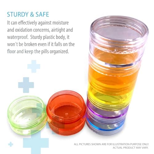 Deke Home - Stackable Pill Organizer (2 Pack), 7 Day Weekly Pill Box Tower with Twist Lock Compartments, BPA-Free, Travel Medicine Holder & Vitamin Dispenser, Compact & Portable Case, Rainbow Colored 8