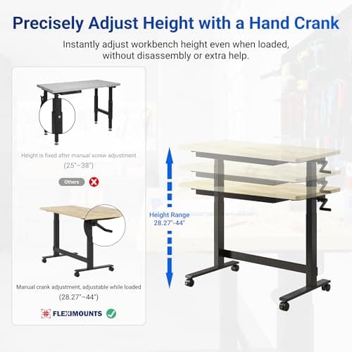 FLEXIMOUNTS 47.2" x 23.6" Adjustable Height Workbench with Hand Crank, Drawers & 360° Wheels – Rubber Wood Top Heavy-Duty Workstation & Steel Frame for Garage, Studio, Kitchen or Workshop 4