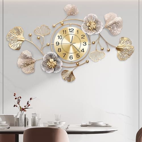 JXQXYN Clocks for Living Room, Large Wall Clock, 3D Silent Wall Clock, Retro Metal Ginkgo Leaf Design, for Bedroom Kitchen Decorative Wall Clocks（32''x18'' ）