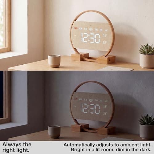 Driini Large Digital Wall Clock -Round Digital Bamboo Wooden Wall Clock with Large Display - LED Wall Clock - Auto-Dimming – Plug in USB with Temperature & Humidity – Large Wall Clock for Living Room. 5