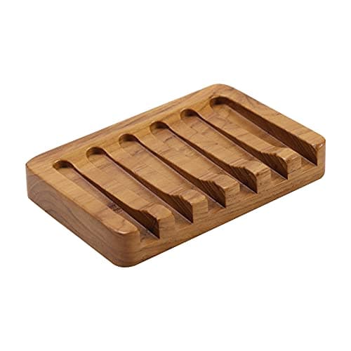Soap Dish with Slanted Waterfall Design by HTB, Bar Soap Holder Teak Wood, Soap Saver for Shower, Bathroom, Sink, Kitchen and Countertop