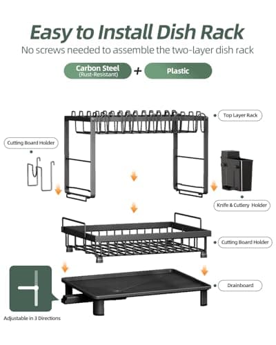 Nfnoyp Dish Drying Rack, 2 Tier Space-Saving Dish Rack, Multifunctional Dish Drainer for Kitchen Counter with Drainboard/Utensil/Cup Holder Rustproof Carbon Steel, Black 6