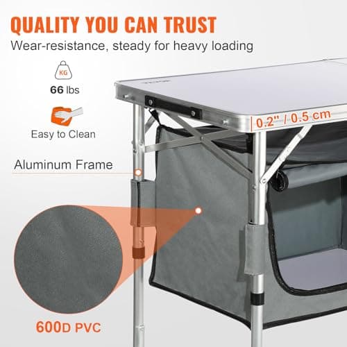 VEVOR Camping Kitchen Station, 3 Adjustable Height Folding Outdoor Camp Cooking Table with Storage Organizer, Quick Set-up for Patio BBQ Picnic Glamping Traveling 6